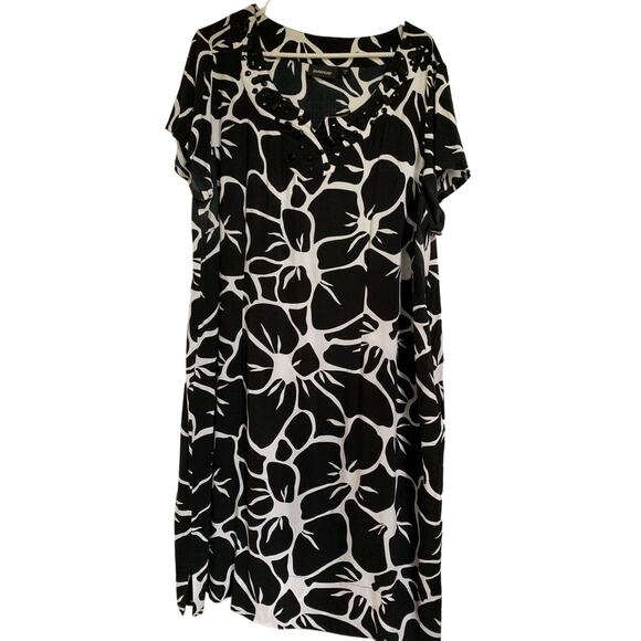 Avenue Floral Beaded Plus Size 22 Black White Midi Short Sleeve Womens Dress - Picture 1 of 6